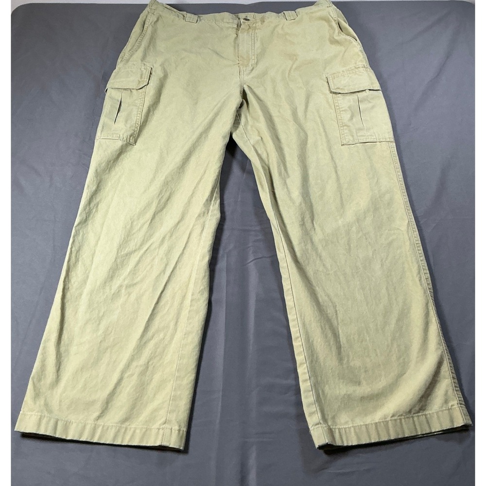 LL Bean Mens Khaki Cargo Pants 42x30 Tan Cotton Elastic Waist Outdoor Trousers